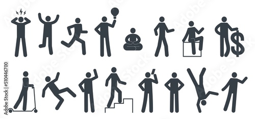 Stickman postures. Primitive little man pictogrames, monochrome people signs, different poses, standing and walking, yoga and fitness, falling and climbing, business man, nowaday vector set