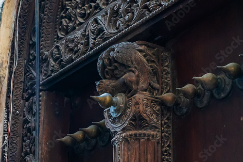 Close up of elements on antique Indian style Wooden Door in Stone Town, Zanzibar, Tanzania