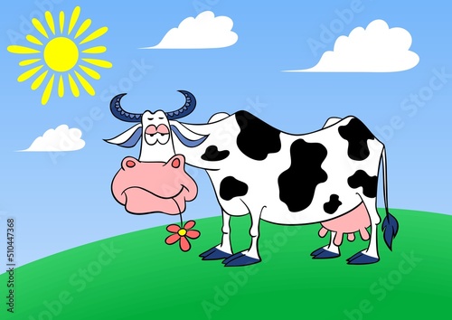 A phlegmatic cartoon cow with a flower in its mouth grazes on a green lawn. Cartoon phlegmatic cow. Vector illustration.