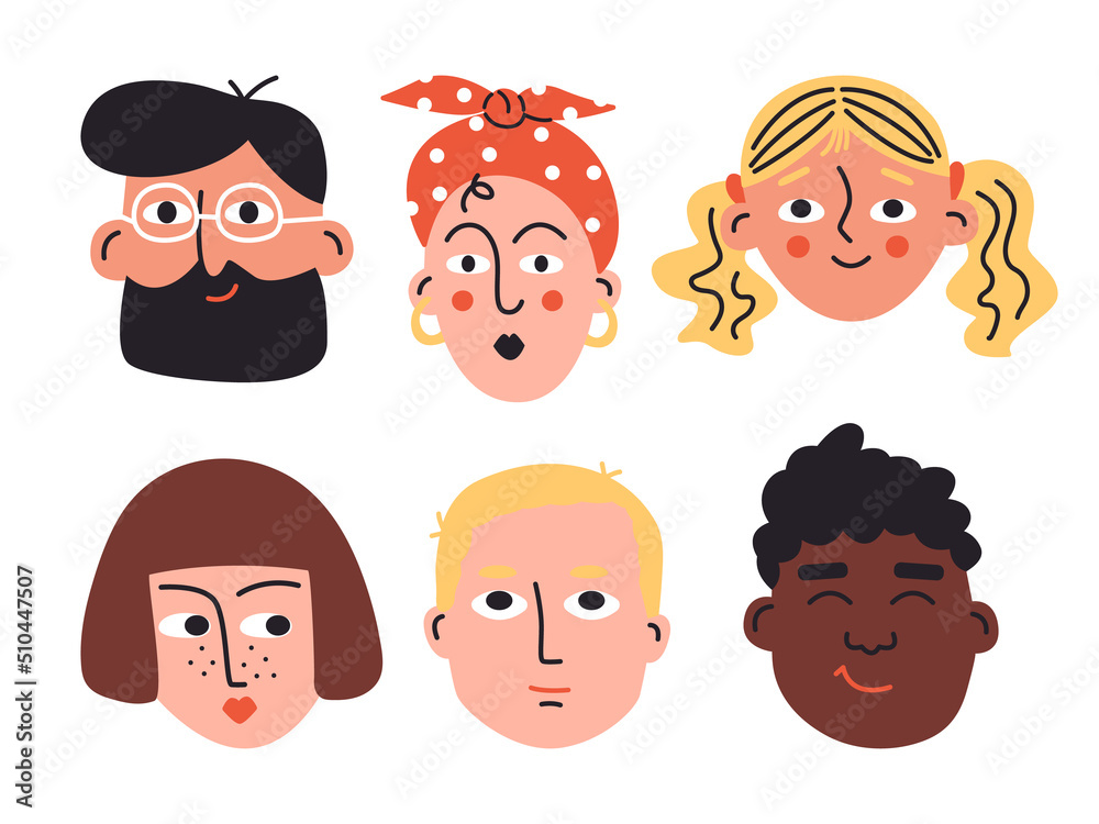 Set of abstract doodle faces. Hand drawn portraits of people of different nationalities, ethnicities, age and gender. Funny colorful characters. Collection of vector men and women icons Set of abstract doodle faces. Hand drawn portraits of people of different nationalities, ethnicities, age and gender. Funny colorful characters. Collection of vector men and women icons