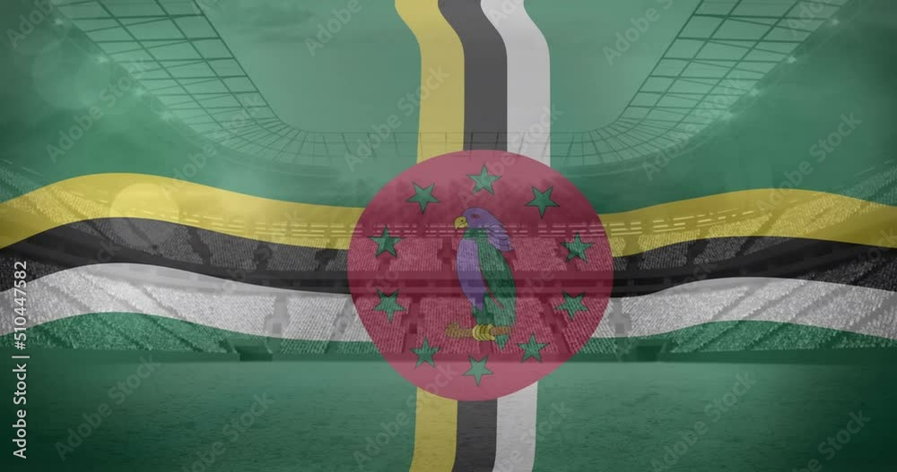 Animation of waving flag of dominica over sport stadium