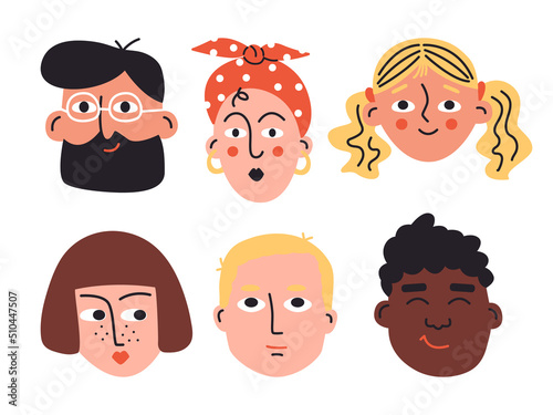 Set of abstract doodle faces. Hand drawn portraits of people of different nationalities, ethnicities, age and gender. Funny colorful characters. Collection of vector men and women icons