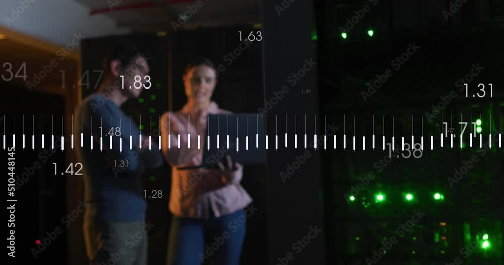 Animation of data processing over diverse couple using laptop in server room Animation of data processing over diverse couple using laptop in server room
