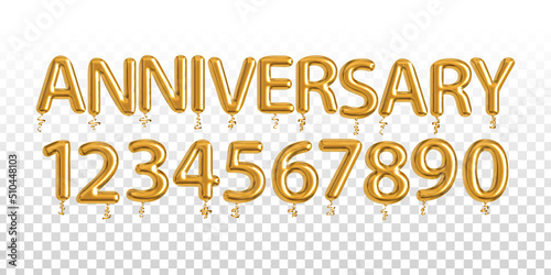 Vector realistic isolated golden balloon text of Anniversary with numbers on the transparent background.