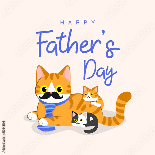 Happy Father's Day greeting card vector design. Handsome Ginger father cat and kitten