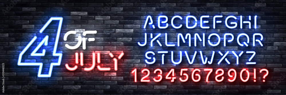 Vector realistic isolated neon sign of 4th of July logo with easy to change color alphabet font on the wall background.