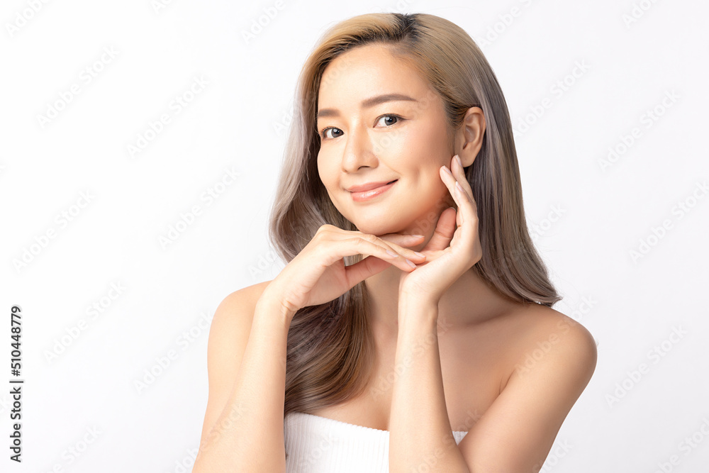 Happy beautiful young asian woman clean fresh bare skin concept. Asian girl beauty face skincare and health wellness, Facial treatment, Perfect skin, Natural make up. Isolated on white background. Happy beautiful young asian woman clean fresh bare skin concept. Asian girl beauty face skincare and health wellness, Facial treatment, Perfect skin, Natural make up. Isolated on white background.