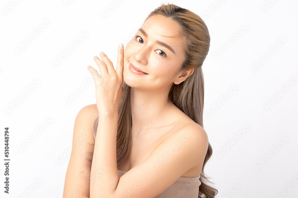 Happy beautiful young asian woman clean fresh bare skin concept. Asian girl beauty face skincare and health wellness, Facial treatment, Perfect skin, Natural make up. Isolated on white background. Happy beautiful young asian woman clean fresh bare skin concept. Asian girl beauty face skincare and health wellness, Facial treatment, Perfect skin, Natural make up. Isolated on white background.
