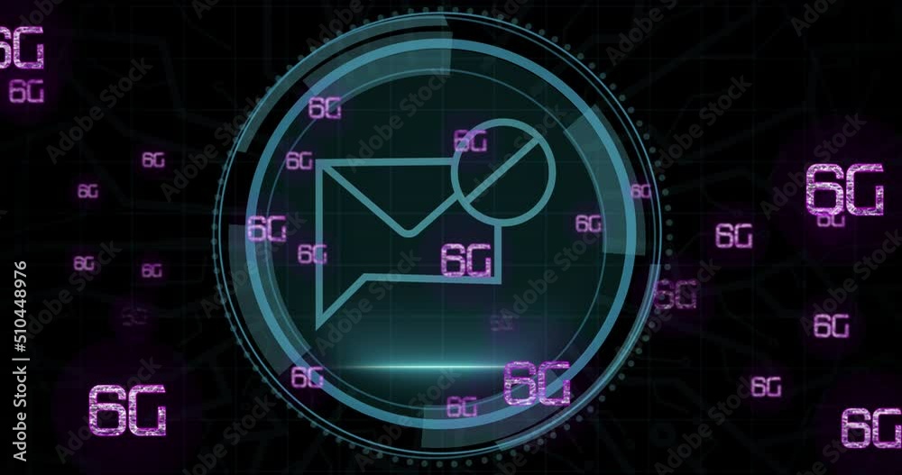 Animation of cyber security and email in circle over 6g on black background Animation of cyber security and email in circle over 6g on black background