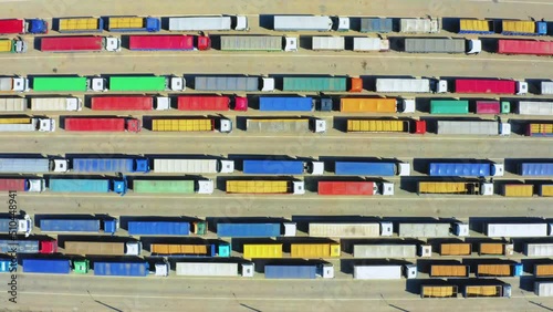 A huge queue of trucks loaded with grain crops in a blocked Ukrainian port. Humanitarian crisis due to the war.