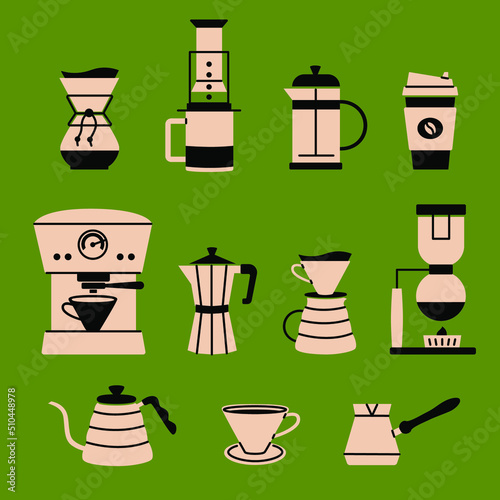Brewing coffee methods and equipment for this. Set of isolated coffee illustrations. Aeropress, hario, pour over, geyser coffee maker, french press, kalita, filter coffee, coffee machine, cup, kettle photo