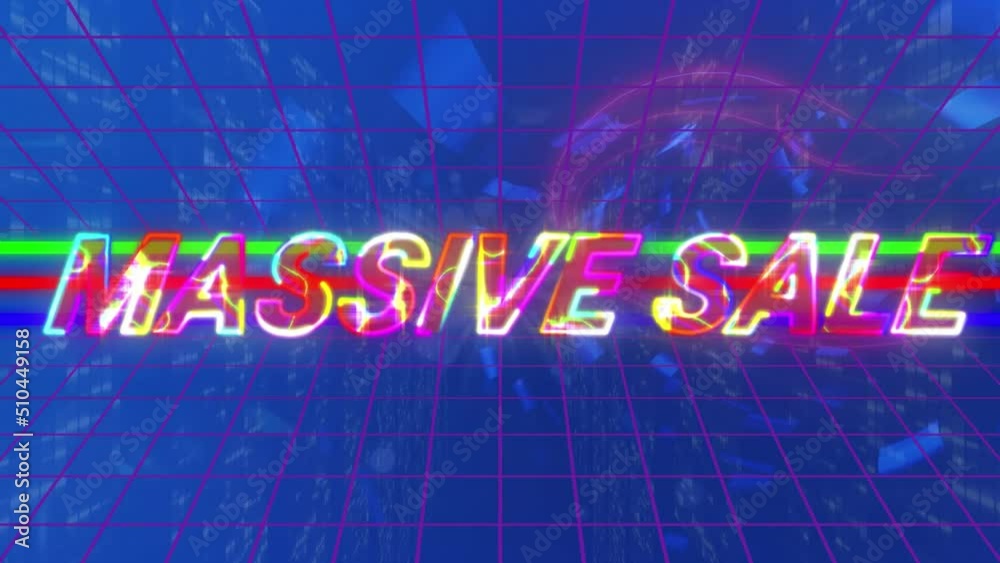 Animation of massive sale text and shapes on blue background