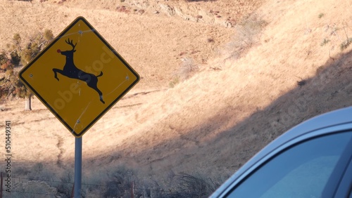 Deer crossing warning yellow sign, California USA. Wild animals xing traffic signage for safety driving on country road. Wildlife fauna protection from cars on highway in wilderness. Road trip concept