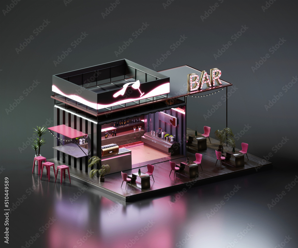 Isometric view minimal bar container store exterior architecture, 3d ...