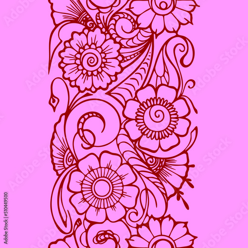 seamless repeat oriental border, outline burgundy floral pattern on pink background, texture, frame