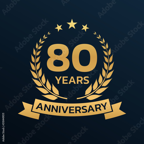 80 years anniversary laurel wreath logo or icon. Jubilee, birthday badge, label or emblem. 80th celebration design element. Vector illustration.