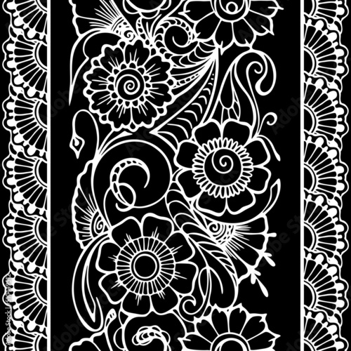 seamless repeat oriental border, outline white floral pattern on black background, texture, frame
