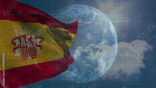 Animation of data processing and globe over flag of spain photo