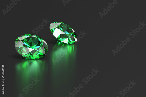 Green Emerald diamonds Gem placed on reflection background 3d rendering. photo