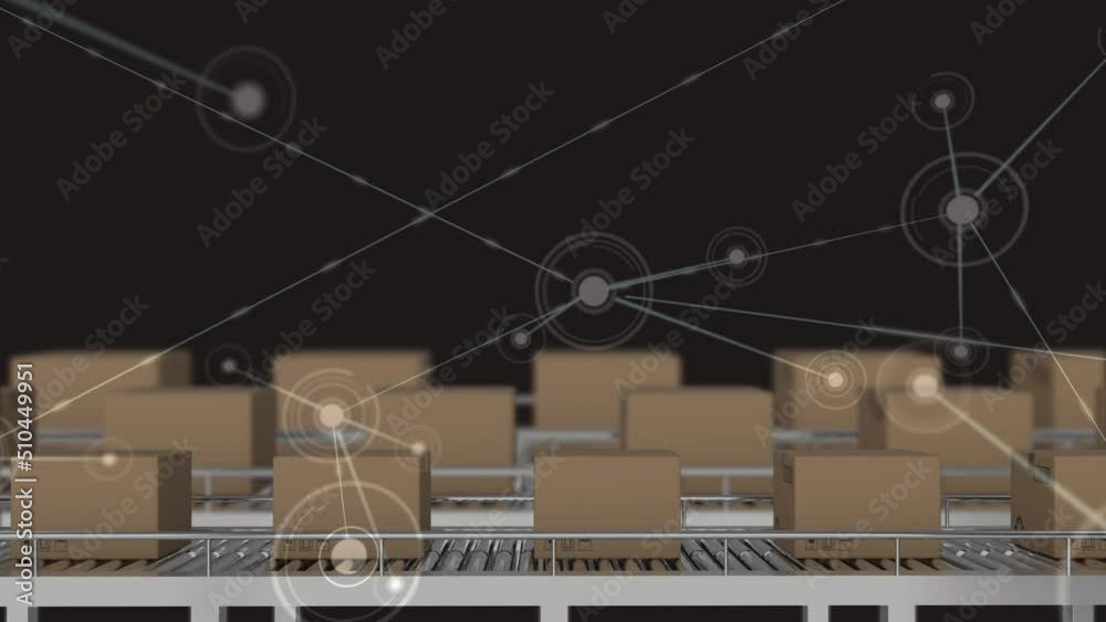 Animation of network of connections over boxes on conveyor belt Animation of network of connections over boxes on conveyor belt