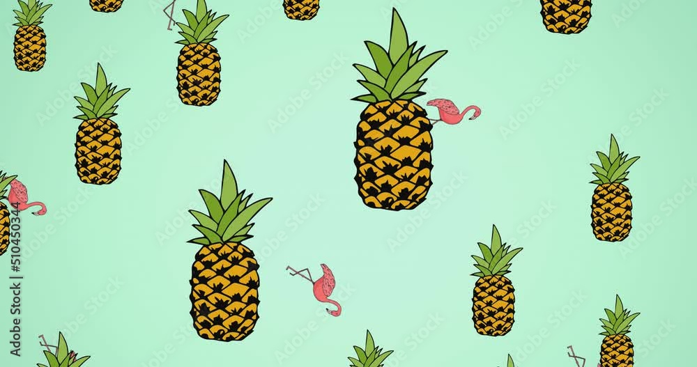 Animation of flamingo icons over pineapples icons Animation of flamingo icons over pineapples icons