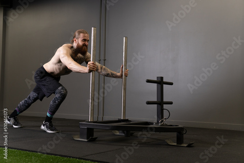 Tattoo adult athlete beard sleigh push athletic attractive body brunette, from drag equipment in healthy for heavy muscle, physical prowler. Strong women workout,