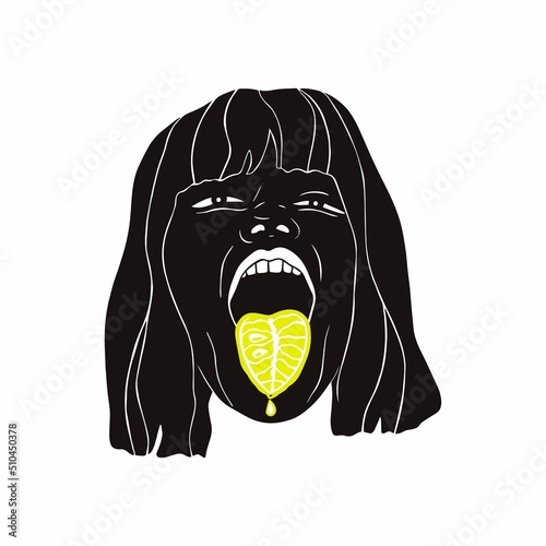 Vector illustration of a human head. Face, protruding tongue, emotion of sour taste. Isolated on white background.