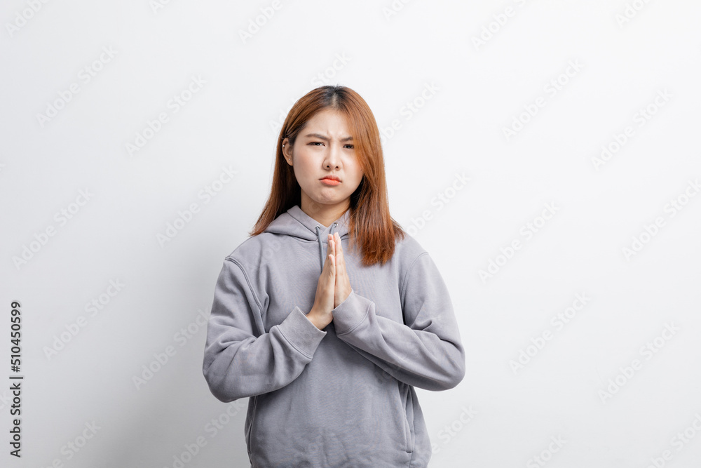 Portrait of beautiful Asian woman gesturing worried expression on isolated background, portrait concept used for advertisement and signage, isolated over white background, copy space. Portrait of beautiful Asian woman gesturing worried expression on isolated background, portrait concept used for advertisement and signage, isolated over white background, copy space.