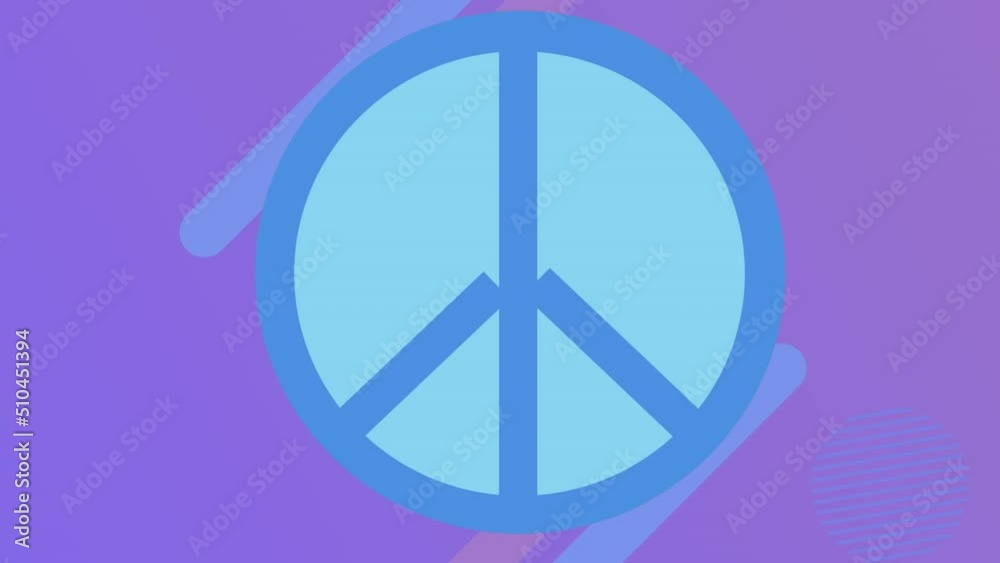 Animation of blue peace symbol in blue circle over moving shapes on purple background Animation of blue peace symbol in blue circle over moving shapes on purple background