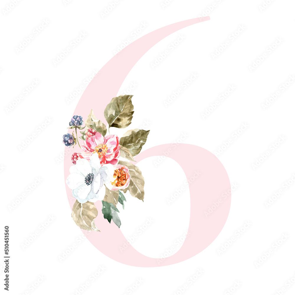 Watercolor Pink Animals Floral Number - digit 6 with cute watercolor bunny animal. Floral number element for baby shower, it's a girl, it's a boy, birthday, table number, digital invite, wedding
