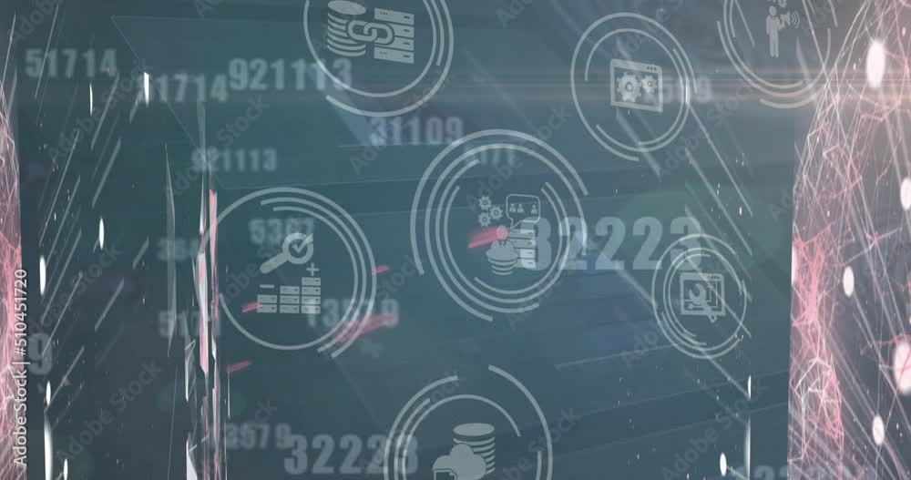 Animation of business communication icons over networks of connections and processing data Animation of business communication icons over networks of connections and processing data