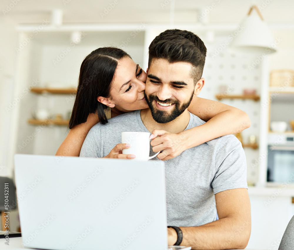 laptop woman man couple computer  indoor technology young together lifestyle happy home love using