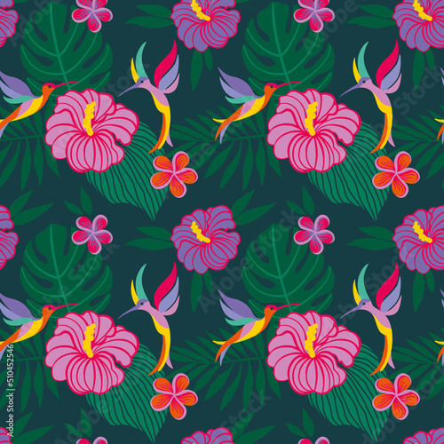 Hummingbirds fluttering over exotic flowers. Colibri.  Tropical print. Seamless pattern. 