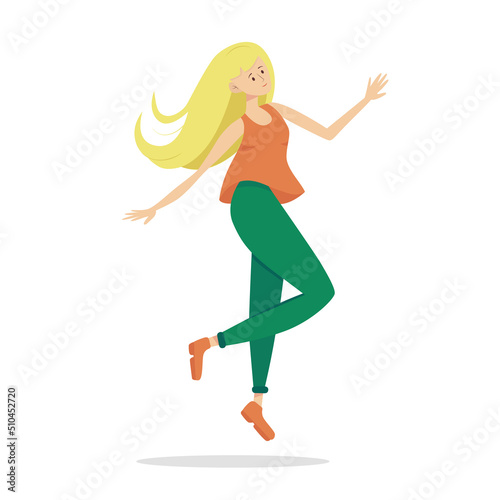 Happy jumping woman isolated on white. Floating woman vector illustration