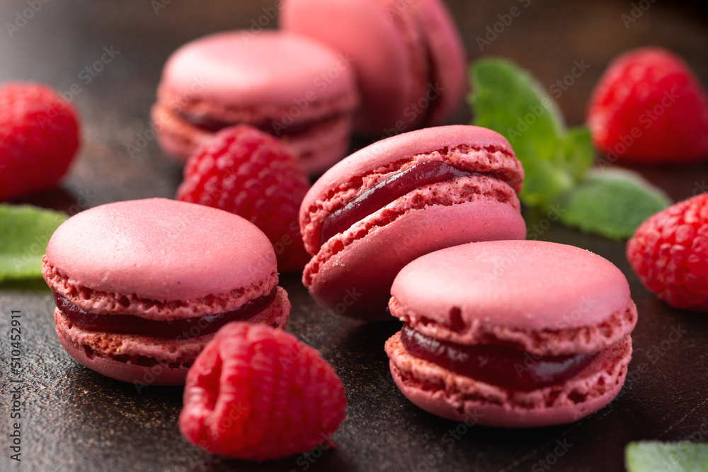 Homemade raspberry macarons, french sweet sandwich cookies