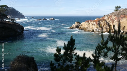 Rock, crag or cliff, waves crashing on ocean beach, water splashing, sea foam. Nature near Big Sur, 17-mile drive. Point Lobos seascape, Monterey, California coast, USA. Coniferous pine cypress tree.