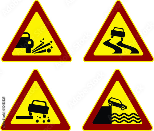 Road Safety Sign Set - Warning, slippery road, Ejection of gravel, Car falls of the 