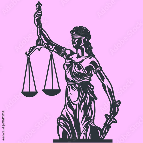 The goddess Themis with a sword of justice and weights in her hands. Vector justice Symbol.