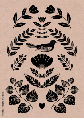 Symmetrical ornament with bird, flowers and leaves with different folk compositions. Motif in scandinavian style. Ethnic flat illustration with paper texture in black.