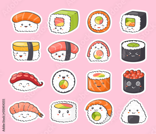 Kawaii Sushi stickers. Vector icon set of cute sushi, rolls, nigiri, sashimi with smiling face and pink cheeks in kawaii style. Japanese asian traditional food. Cartoon emoji for textile, web, print