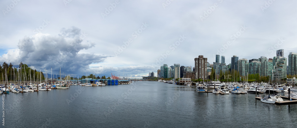 Panoramic View of Coal Harbour, Marina and Stanley Park. Cloudy Sky. Downtown Vancouver, British Columbia, Canada.