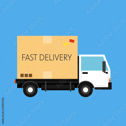 Delivery truck transporting a big cardboard package. Flat style. Fast Delivery.