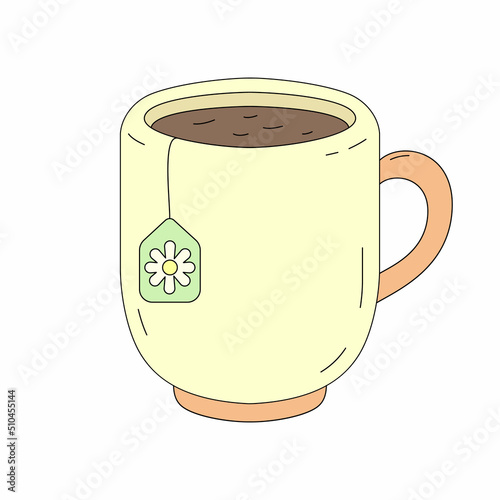 A cup of chamomile tea in cartoon style. Healthy herbal tea. Vector Illustration isolated on white. Mug of hot drink