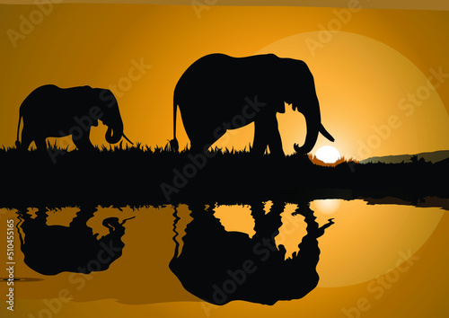 Wild elephants passing trough a lake vector art. Print and hang on wall. Wall art