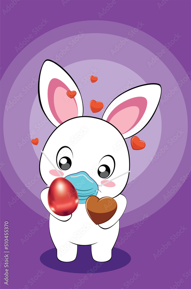 White Bunny in mask with Easter eggs card White Bunny in mask with Easter eggs card