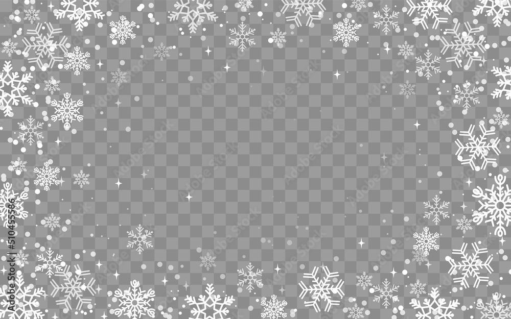 Snow border frame. Frost christmas on transparent background, winter holidays banner design with glitter texture effect. White snowflake decorative backdrop. Vector blizzard flat illustration