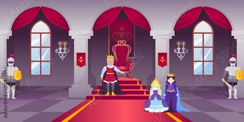 Castle ballroom. Interior of medieval palace hall. Royal room with monarch throne. King and queen. Emperor family. Princess and knights. Fantasy kingdom. Cartoon vector illustration