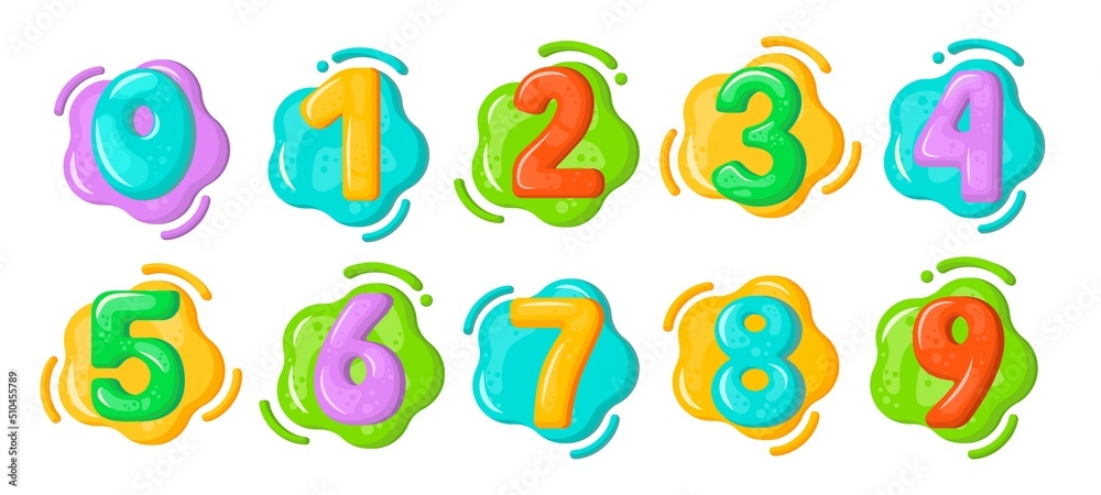 Cartoon numbers font. Fun childhood numbers for baby birthday. Colorful design elements. Kids birthday cute decor, mathematics in elementary school. Vector numeral graphic illustration Cartoon numbers font. Fun childhood numbers for baby birthday. Colorful design elements. Kids birthday cute decor, mathematics in elementary school. Vector numeral graphic illustration