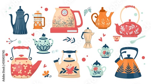 Teapots and kettles. Kitchen electric, ceramic and glass tea kettle with botanical patterns, cute modern crockery for warm cozy household. Hot drinks utensil. Teatime flat vector illustration