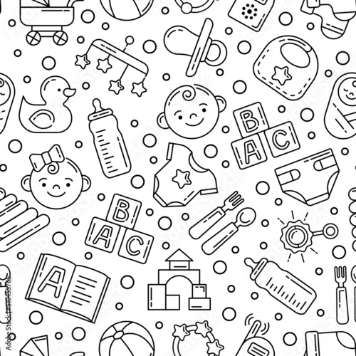 Baby doodle seamless pattern. Sketch black icons, kids accessories on white background, cute ornaments, clothing and textile design. Abstract texture, wrapping paper, vector print or fabric